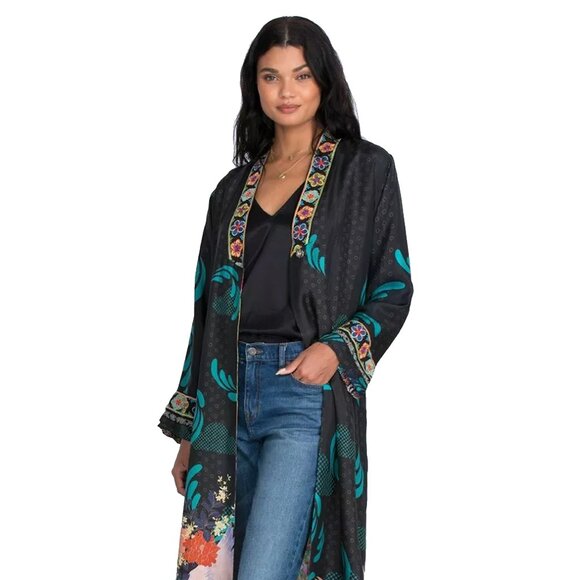 Johnny Was Heron Long Reversible Kimono Silk Bird Embroidery Black Yellow NEW - Picture 4 of 9